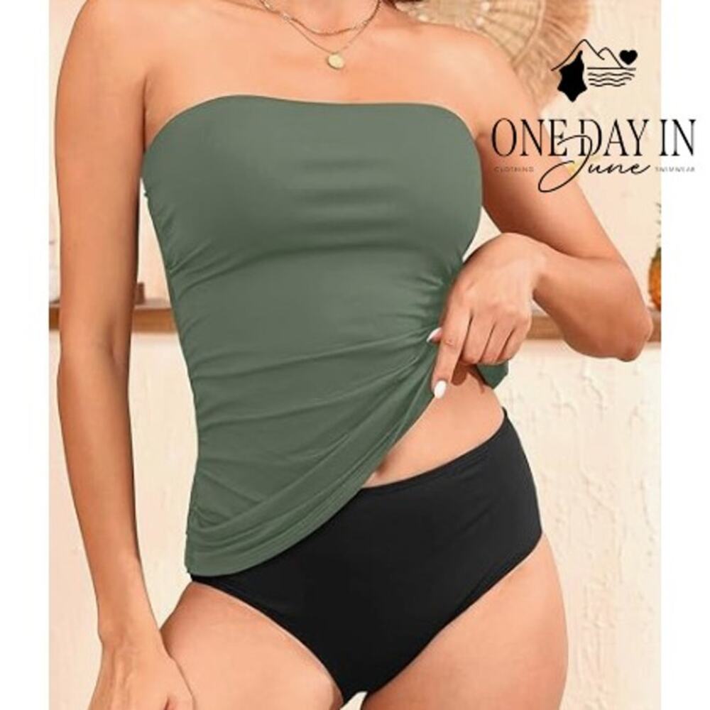 Aqua Eve Bandeau Tankini Swimsuit Green Black Tummy Control NWT Size L
